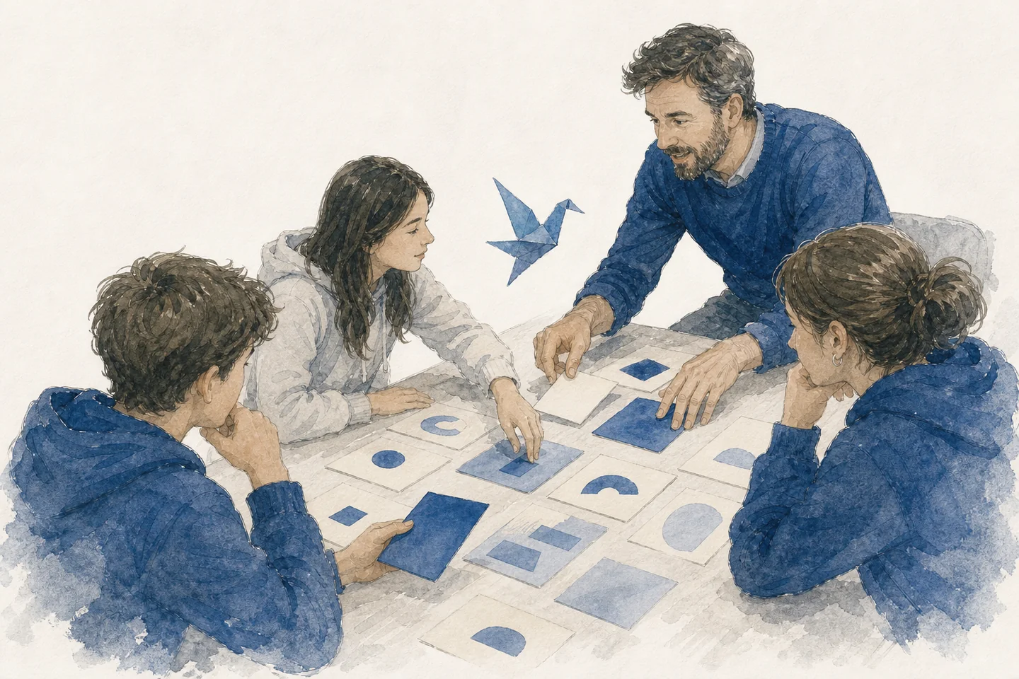 Children explore an idea together using paper objects and discussion